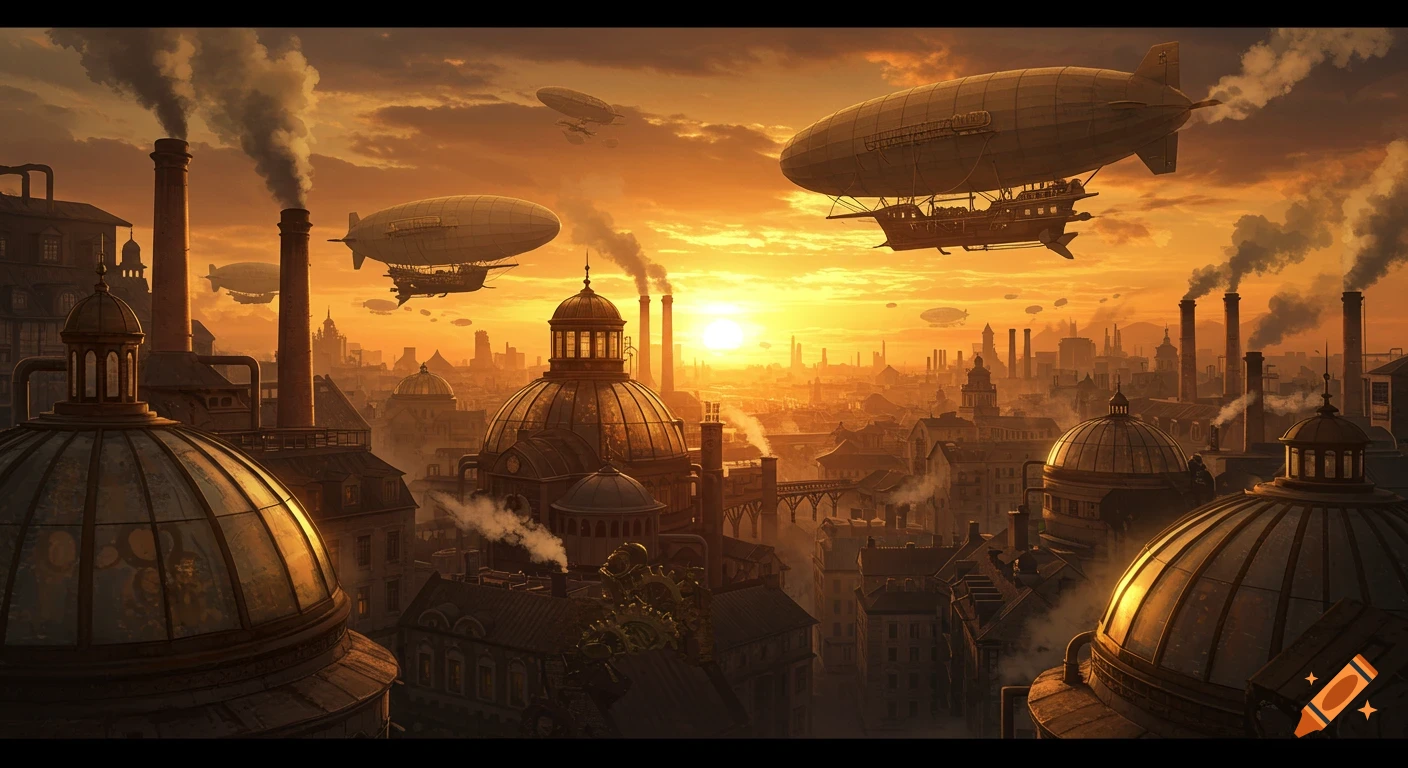 A detailed steampunk cityscape at sunset, featuring numerous industrial chimneys billowing smoke and several large airships flying overhead.