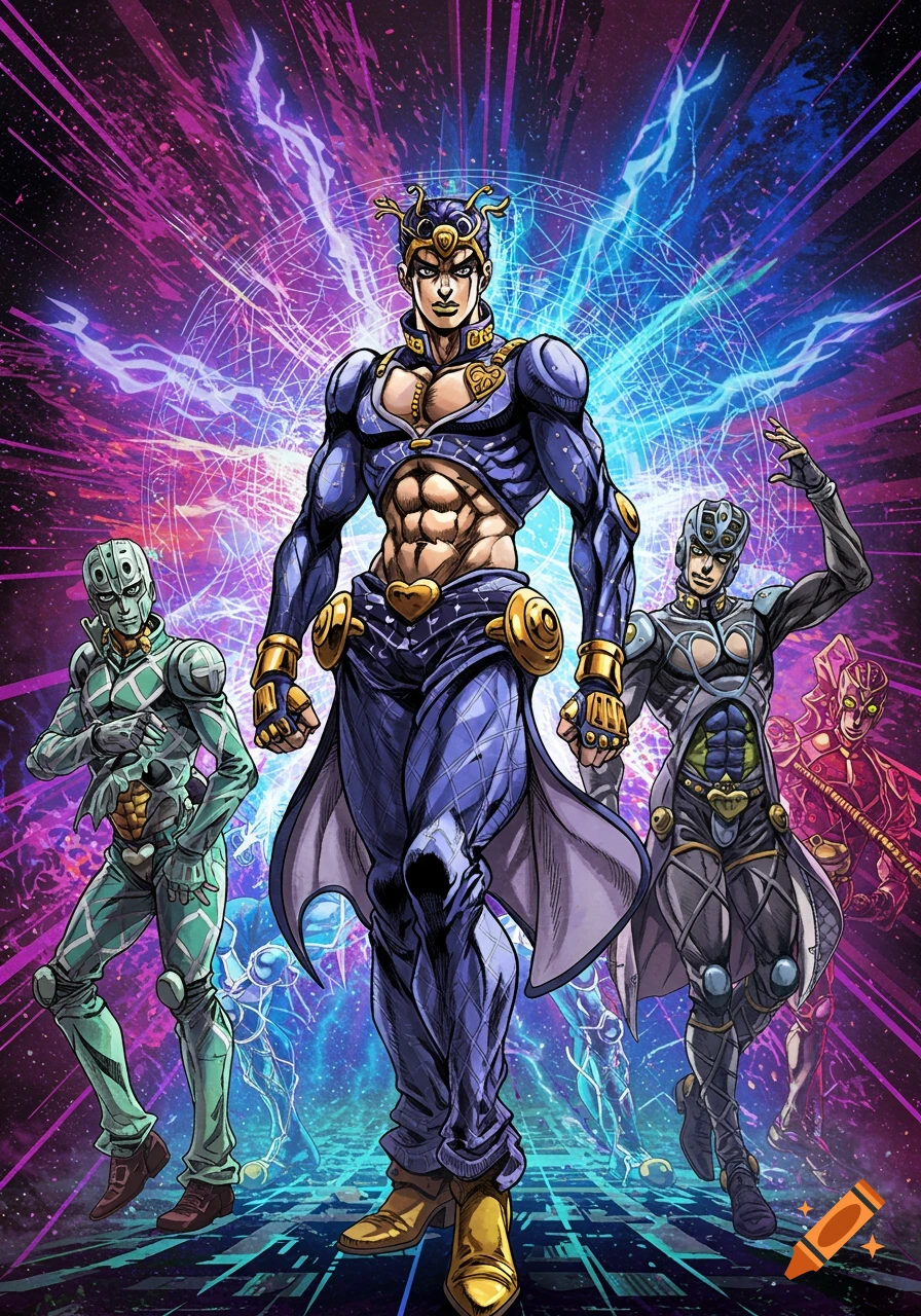 Stylized muscular anime characters in dynamic poses against a vibrant, energetic purple and blue background.