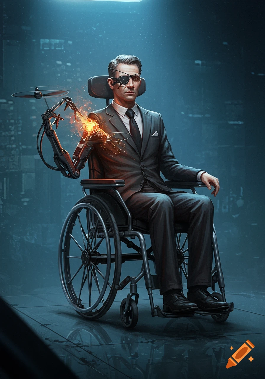 A man in a wheelchair with a burning cybernetic arm and an eyepatch, looking serious against a dark, futuristic background.