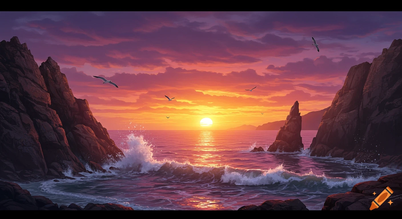 A vibrant digital painting of a fiery sunset over a rocky coastline with crashing waves and seagulls flying overhead.