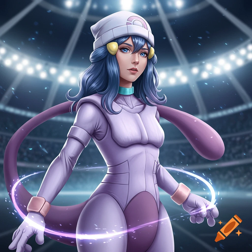 Blue-haired woman in a purple Mewtwo-inspired suit and white Pokémon beanie stands in a stadium with glowing energy.