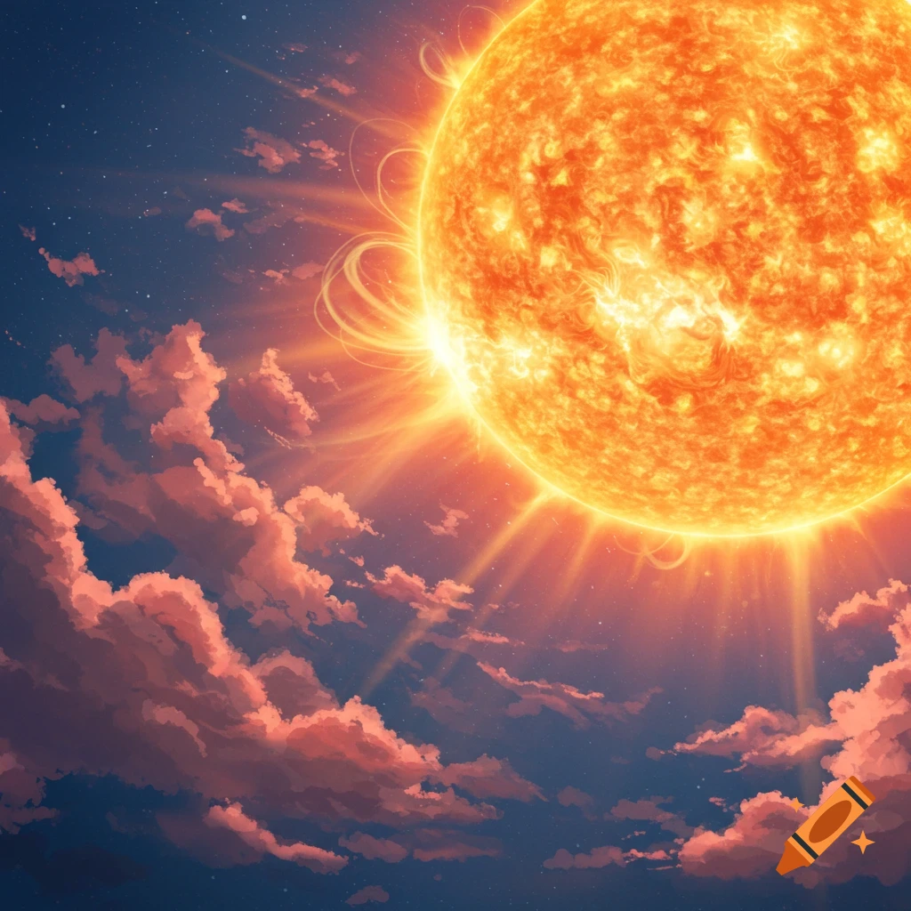 A bright, fiery sun with intense solar flares dominates a deep blue and pink sky filled with stylized clouds and distant stars.