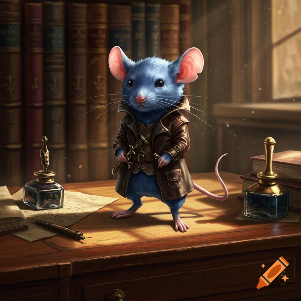 A cute blue mouse wearing a brown leather trench coat stands on a wooden desk with inkwells, papers, and books, in a dimly lit library.