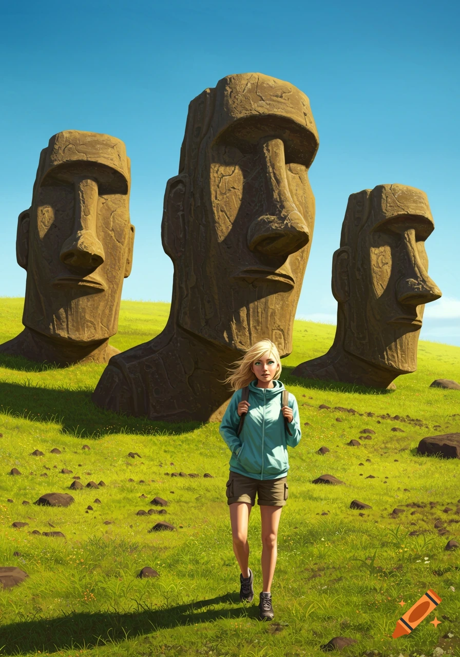 A blonde woman in hiking gear stands in a grassy field with three colossal Moai statues under a clear blue sky, in a vibrant, stylized art style.