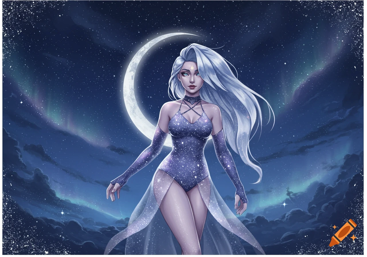 Digital art of a silver-haired woman in a sparkling purple bodysuit, standing against a starry night sky with a crescent moon and aurora.