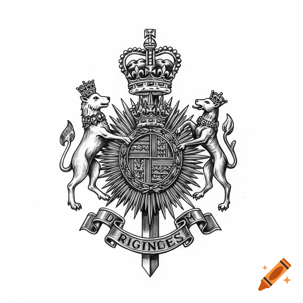 Detailed black and white sketch of a British-style regimental cap badge with a crown, two animals, and a scroll banner.