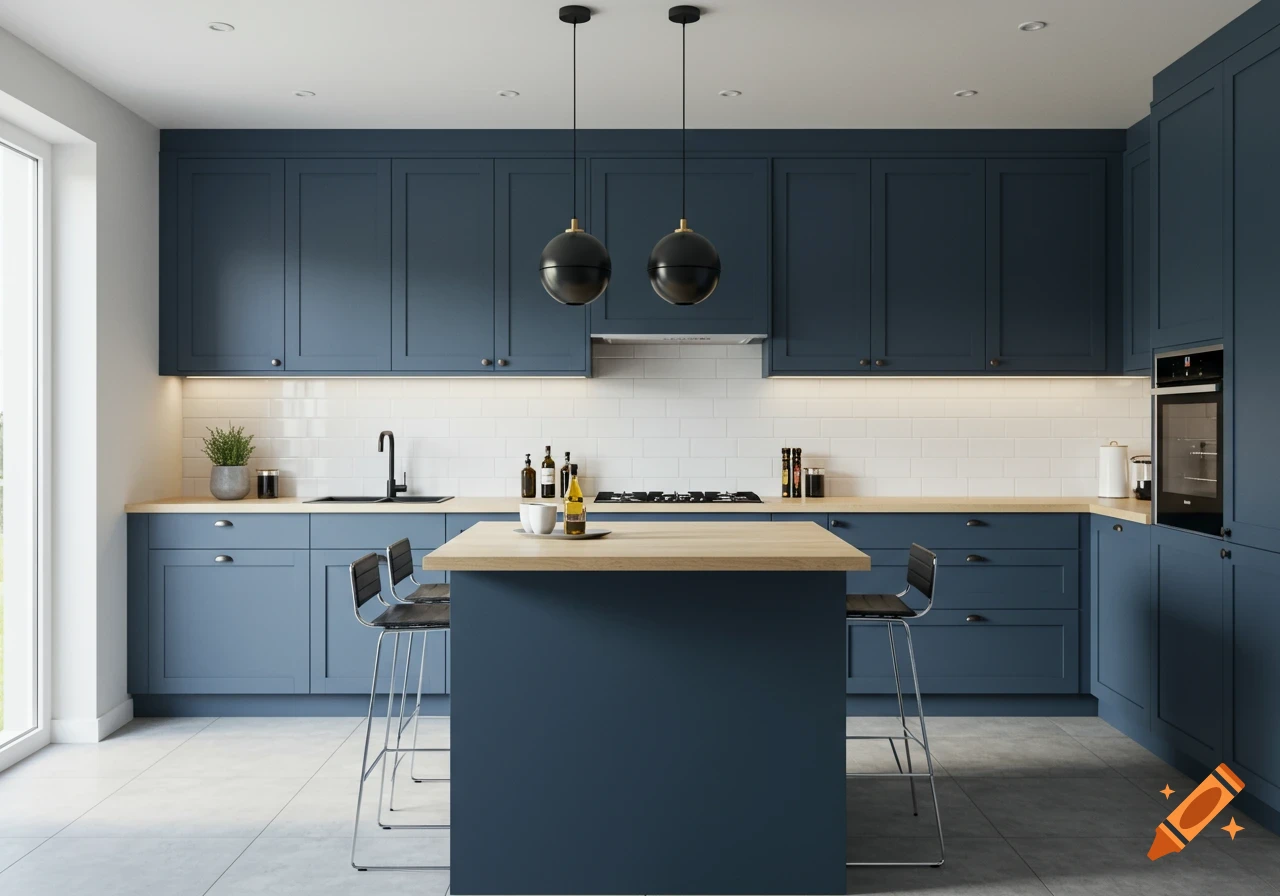 A sleek modern kitchen with dark blue cabinets, light wood countertops, white subway tile backsplash, and a central island with bar stools.