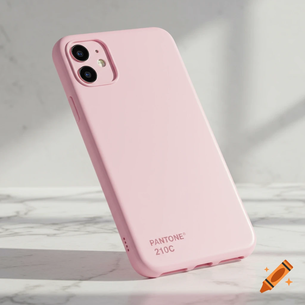 A pink silicone phone case with 'PANTONE® 210C' written on it, resting on a white marble surface.