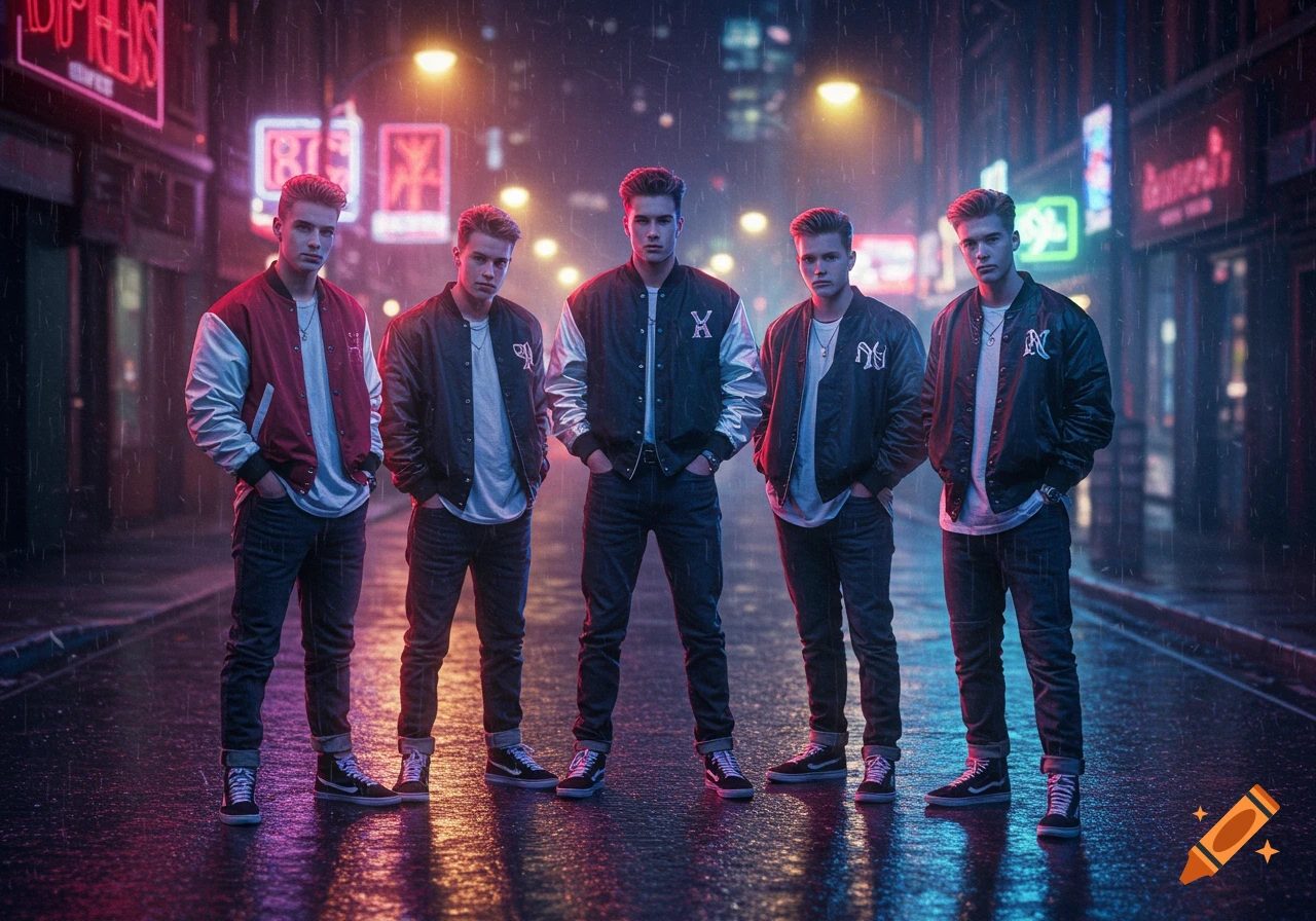 Five young men in bomber jackets stand on a wet, neon-lit city street at night in the rain, looking directly at the viewer.