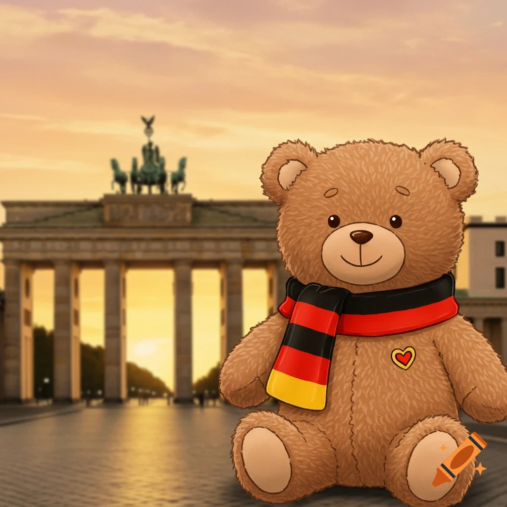 Cartoon teddy bear with German flag scarf and heart detail, smiling in front of the blurred Brandenburg Gate at sunset.