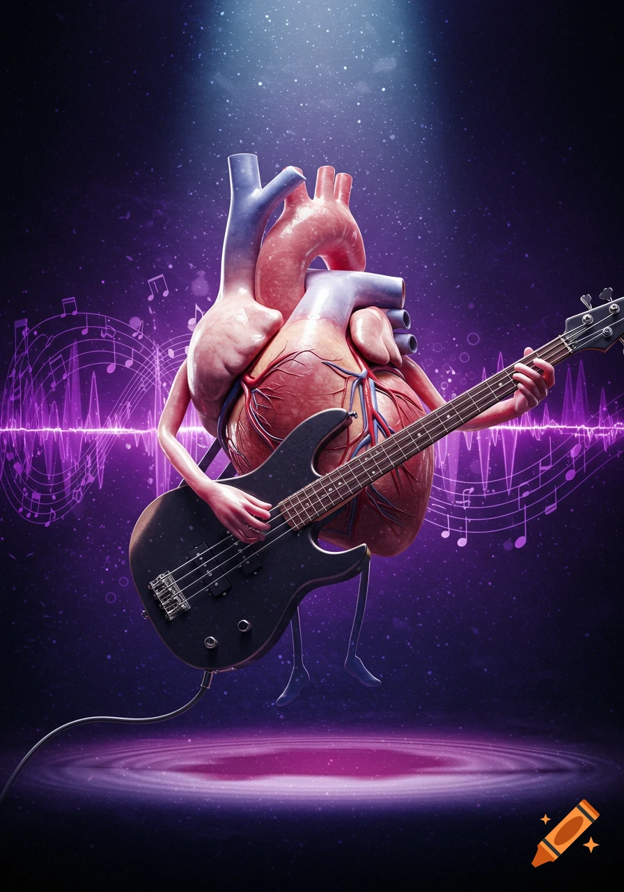 A realistic human heart with arms and legs plays a black electric bass guitar on a purple, cosmic stage with musical notes and a pulse waveform.