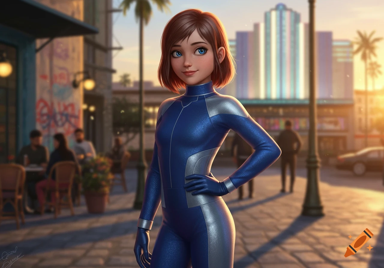 A stylized cartoon woman in a blue and silver form-fitting superhero suit smiles on a sunlit city street.