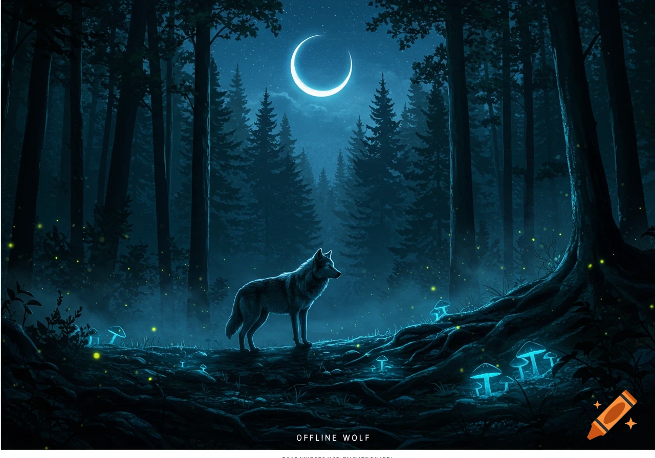 A lone wolf stands in a dark, mystical forest under a crescent moon, surrounded by glowing blue mushrooms and fireflies.