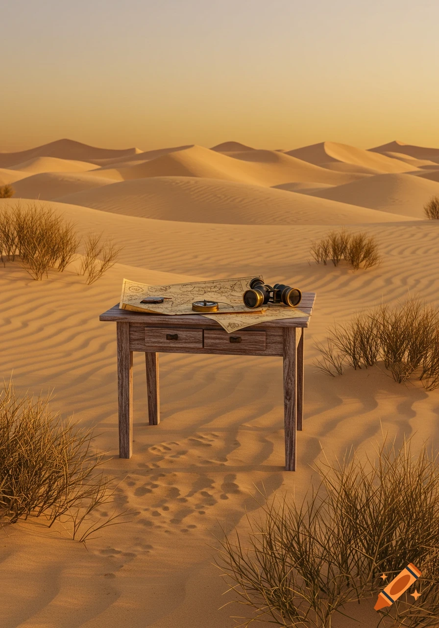A wooden table with a map, binoculars, and compass sits in a vast, sun-drenched desert with rolling sand dunes.