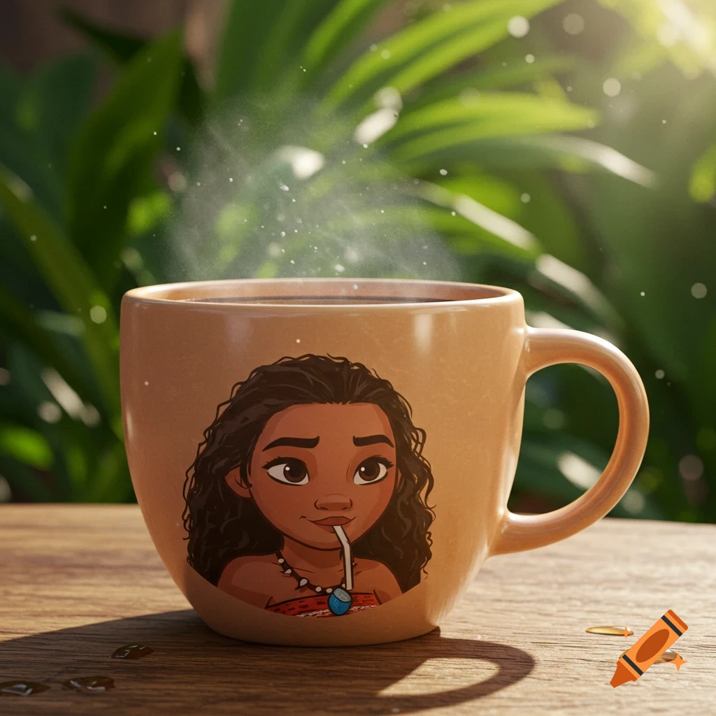 A close-up of a steaming coffee mug featuring a cartoon Moana illustration on a wooden table with blurred green foliage in the background.