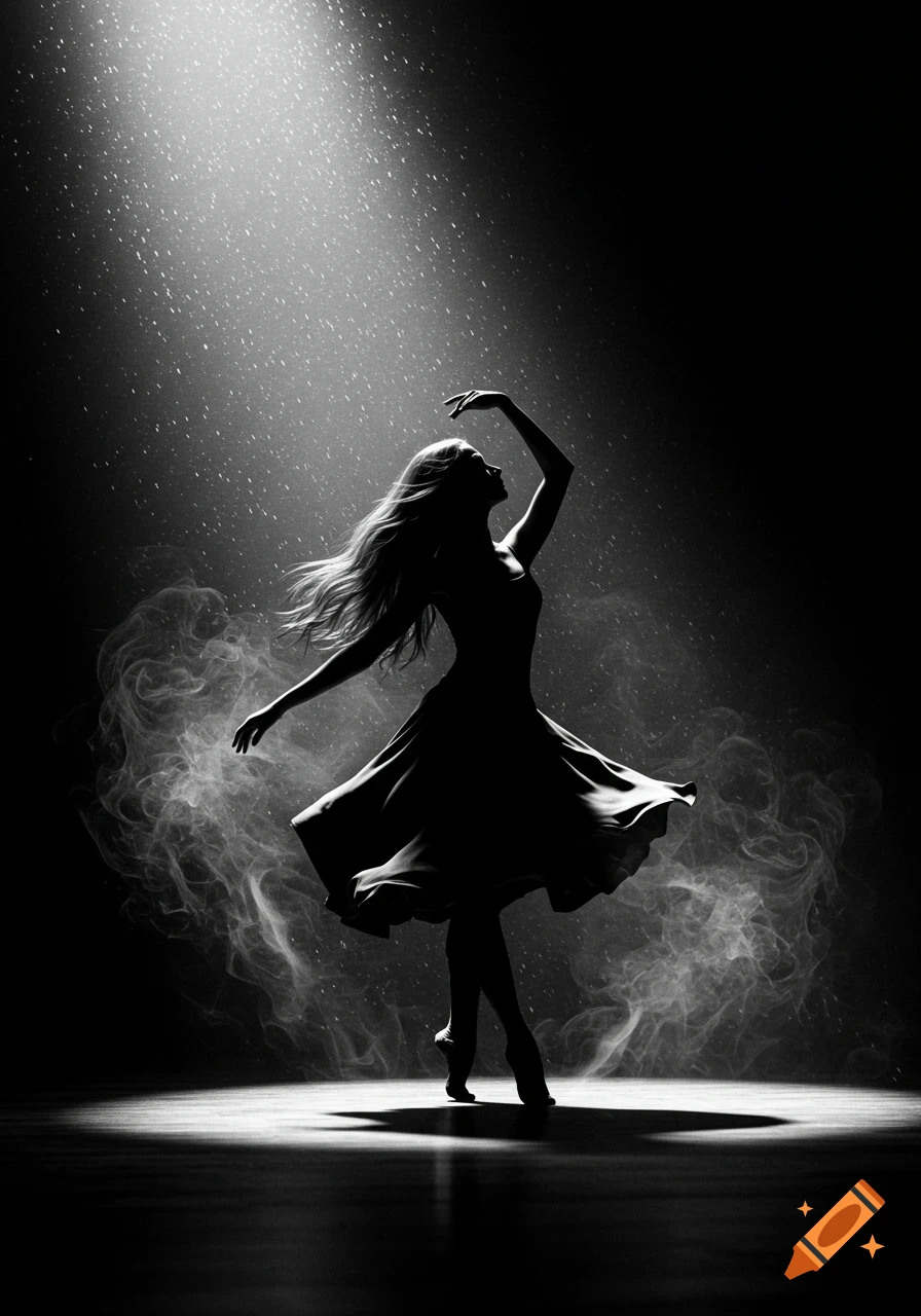 Black and white silhouette of a woman dancing gracefully with flowing hair and dress under a bright spotlight in a dark, misty room.