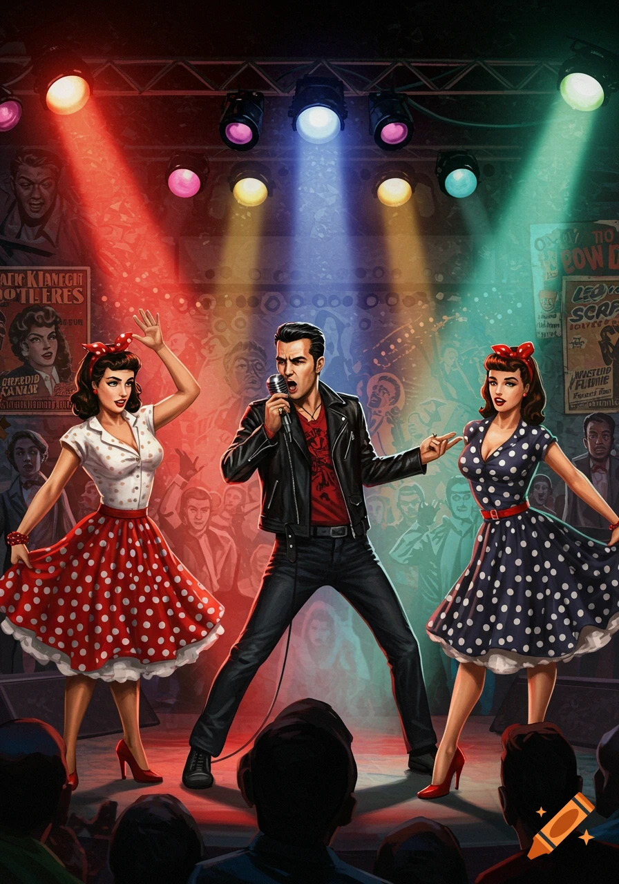 A retro illustration of a male singer in a leather jacket with two pin-up style female dancers on a stage under colorful spotlights.
