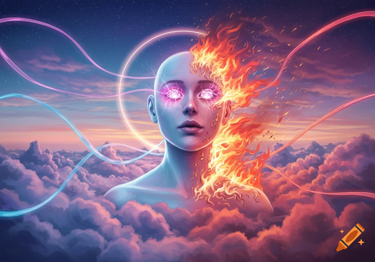 A bald, glowing figure, half energy and half fire, emerges from pink and purple clouds under a starry night sky with neon light trails. Surreal, vibrant.