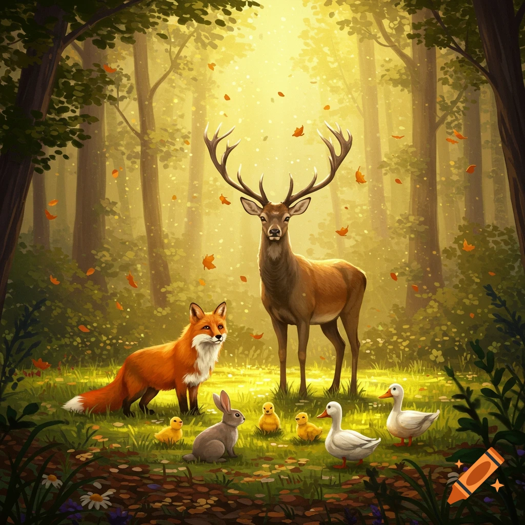 An illustration of a deer, fox, rabbit, ducks, and ducklings in a sunlit, leafy forest with falling autumn leaves.