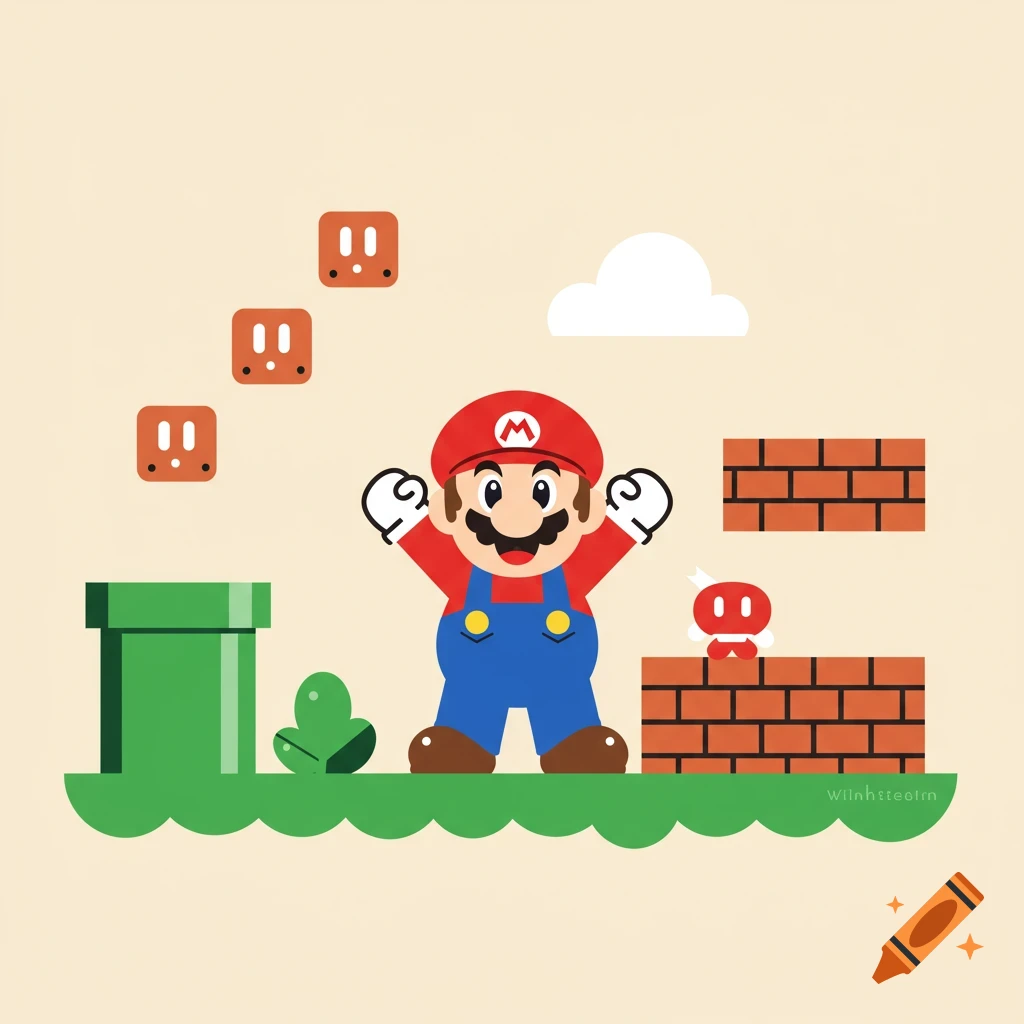 A flat design illustration of Mario standing with arms raised on a green landscape, surrounded by pipes, blocks, and an enemy.
