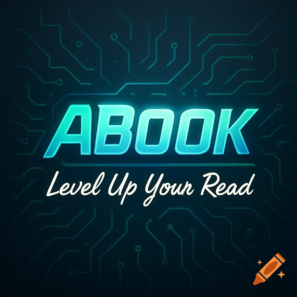 A logo with glowing teal 'ABOOK' text and 'Level Up Your Read' slogan over a dark circuit board background.