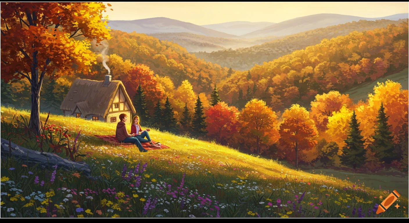 Illustrative autumn landscape with a couple picnicking on a hill above a cottage and a valley of fall trees.