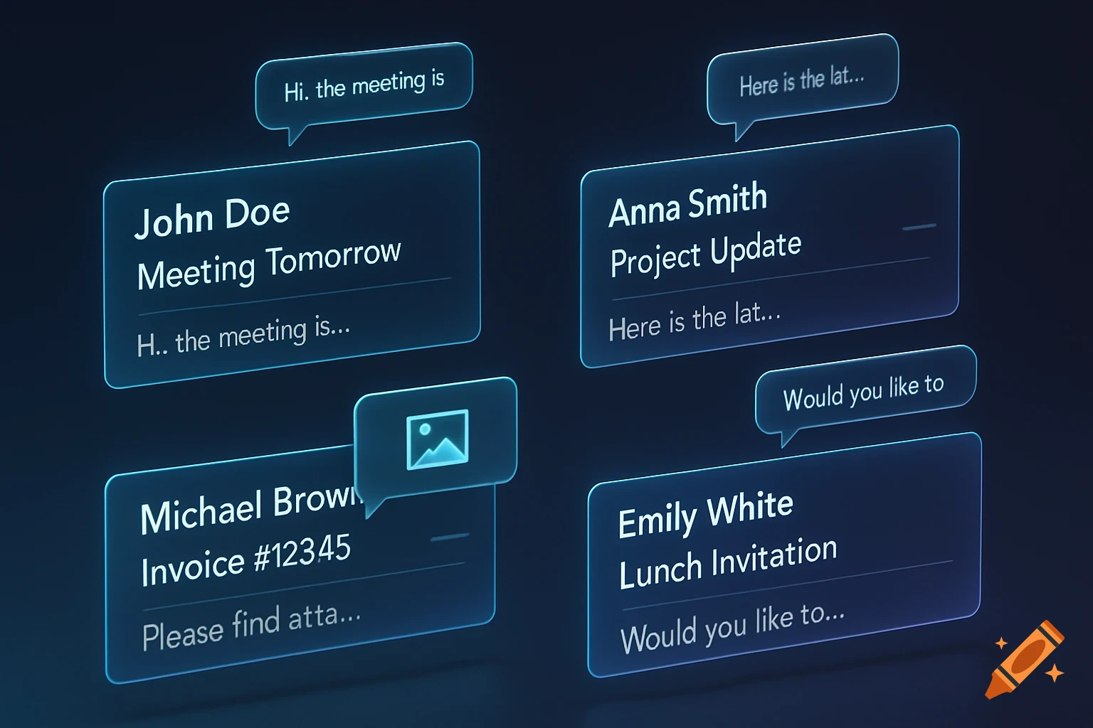 Holographic email and message cards with glowing edges floating in a dark digital workspace, displaying sender names and subjects.