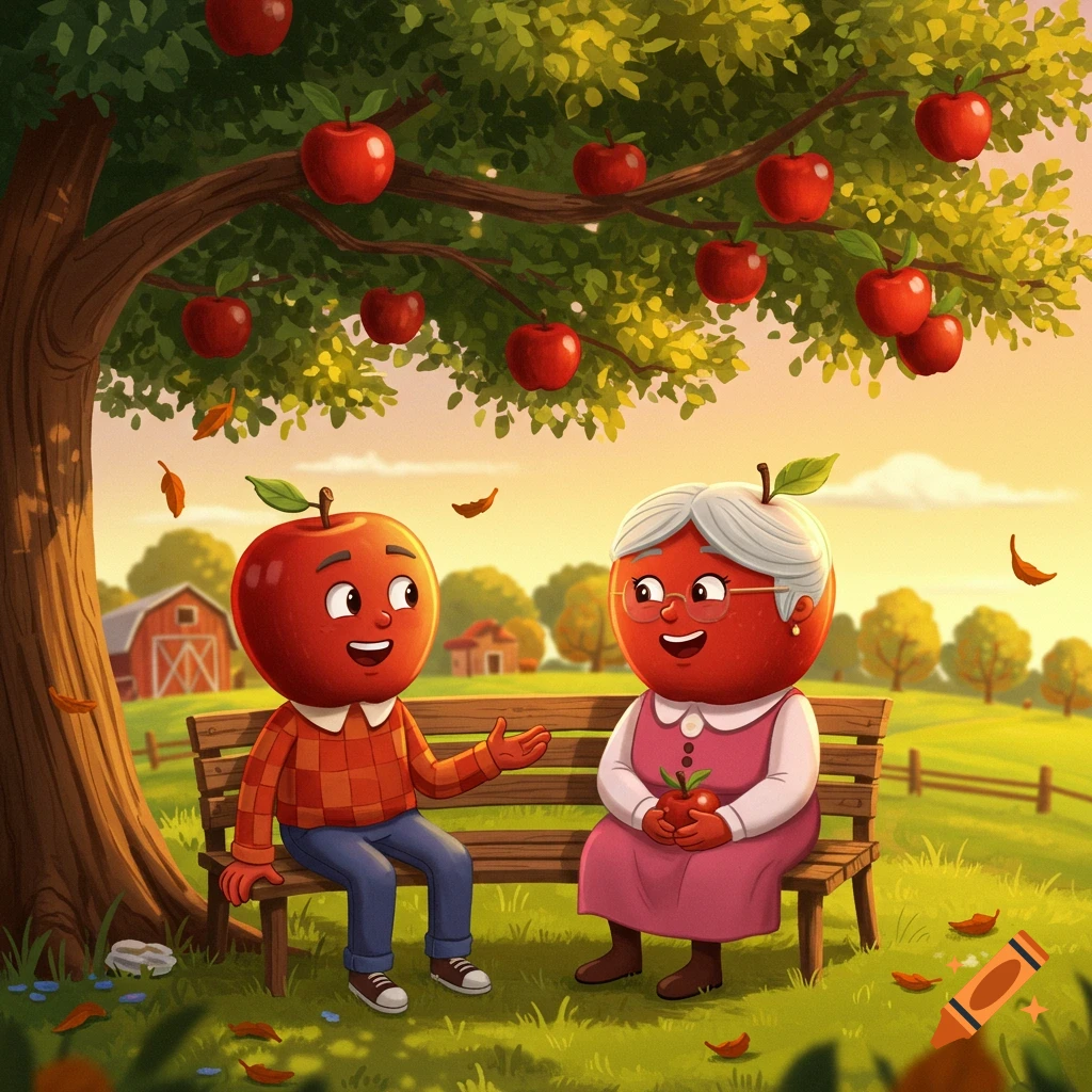 A cartoon young apple and an elderly apple with glasses sit on a bench under a large apple tree in a sunny rural landscape.