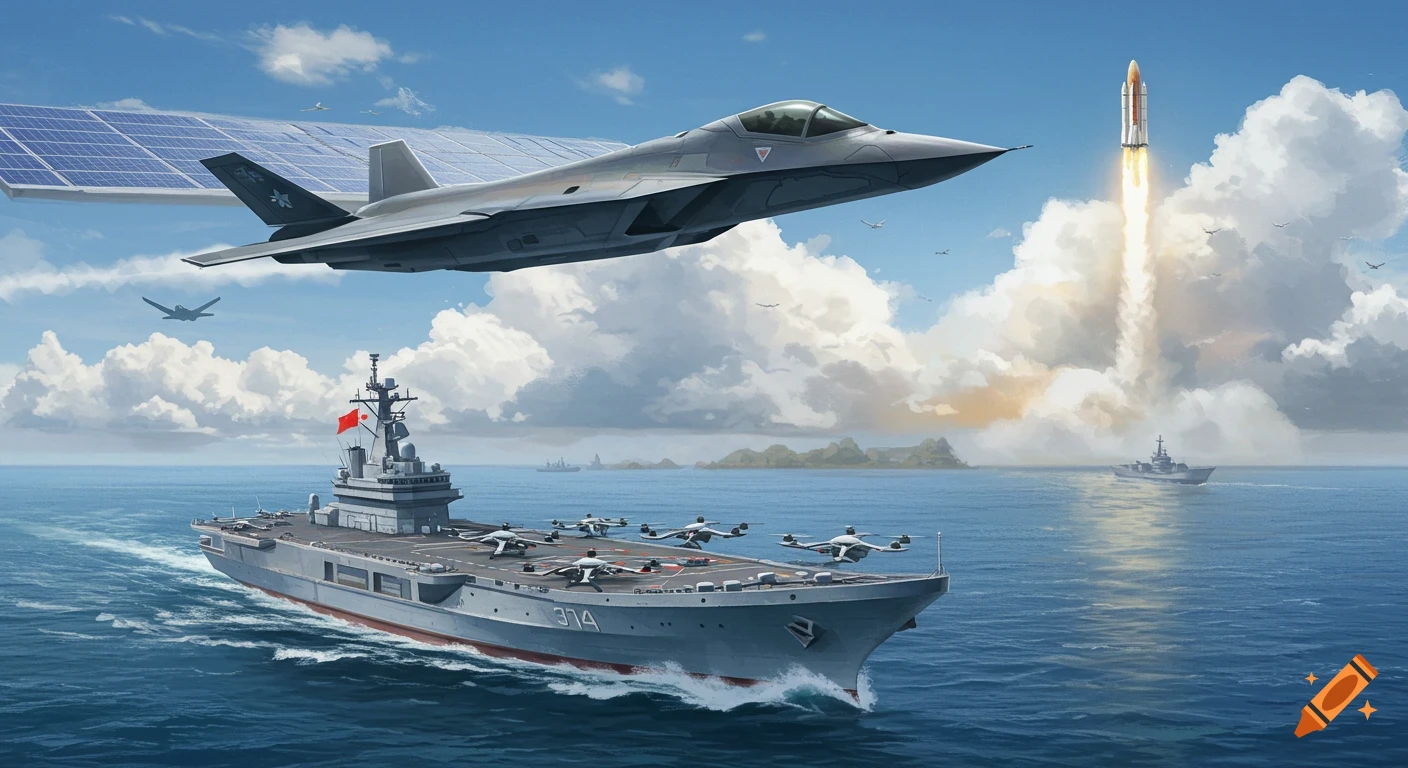 A futuristic aircraft carrier with drones on deck sails under a fighter jet and a large array of solar panels, with a rocket launching in the distance.