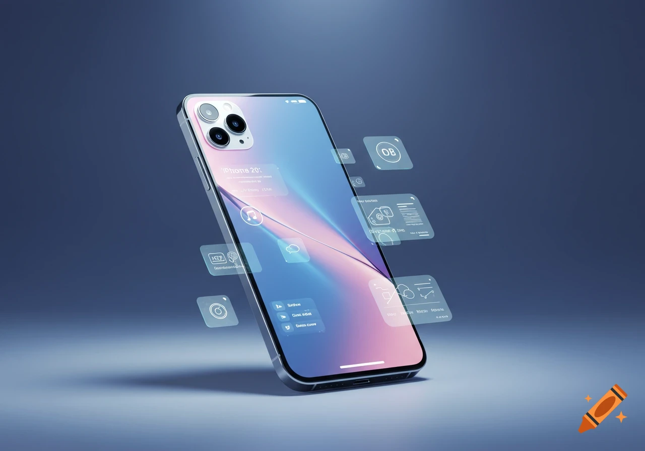 A sleek, silver smartphone with a colorful abstract wallpaper and multiple glowing, transparent holographic interface windows floating around it, all set against a dark blue background.