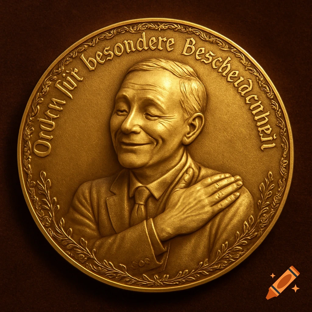 A detailed gold medal depicting a smiling man patting his chest, with 'Orden f besondere Bescheidenheit' inscribed around the edge.