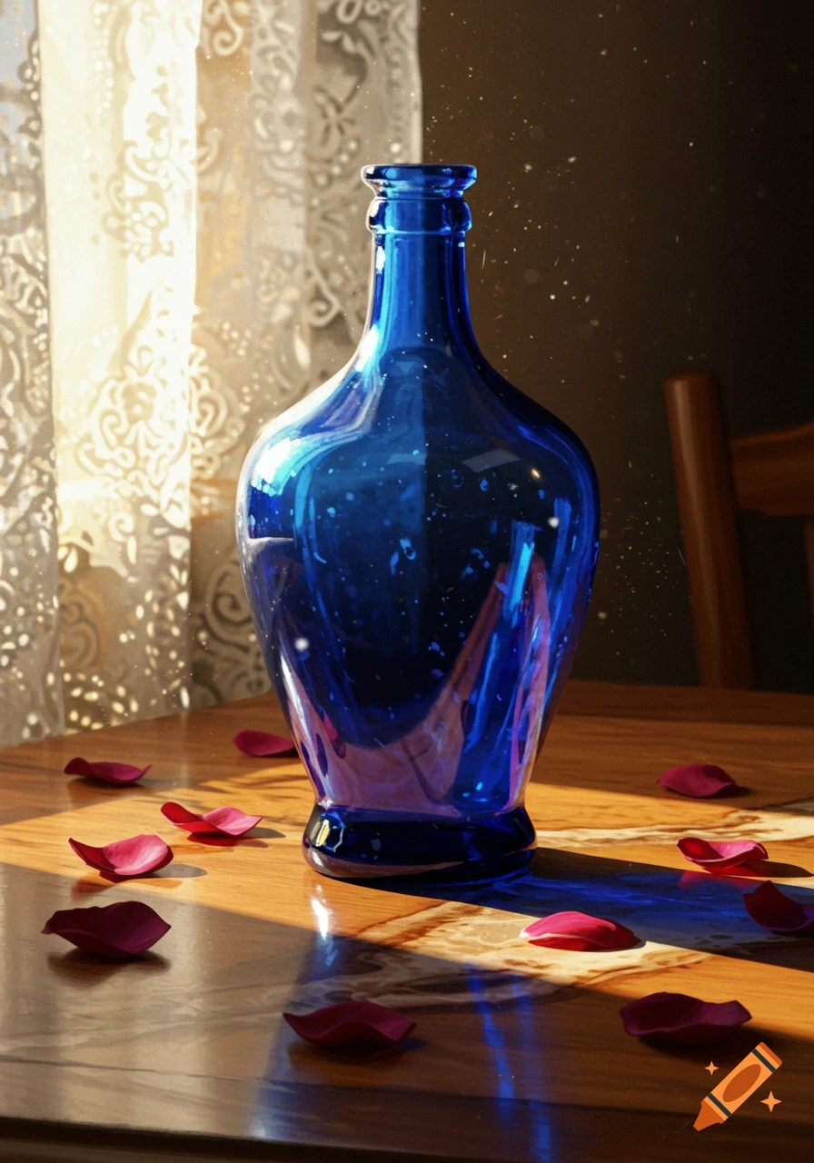 A vibrant blue bottle sits on a wooden table, surrounded by pink rose petals, bathed in sunlight filtering through a patterned curtain.