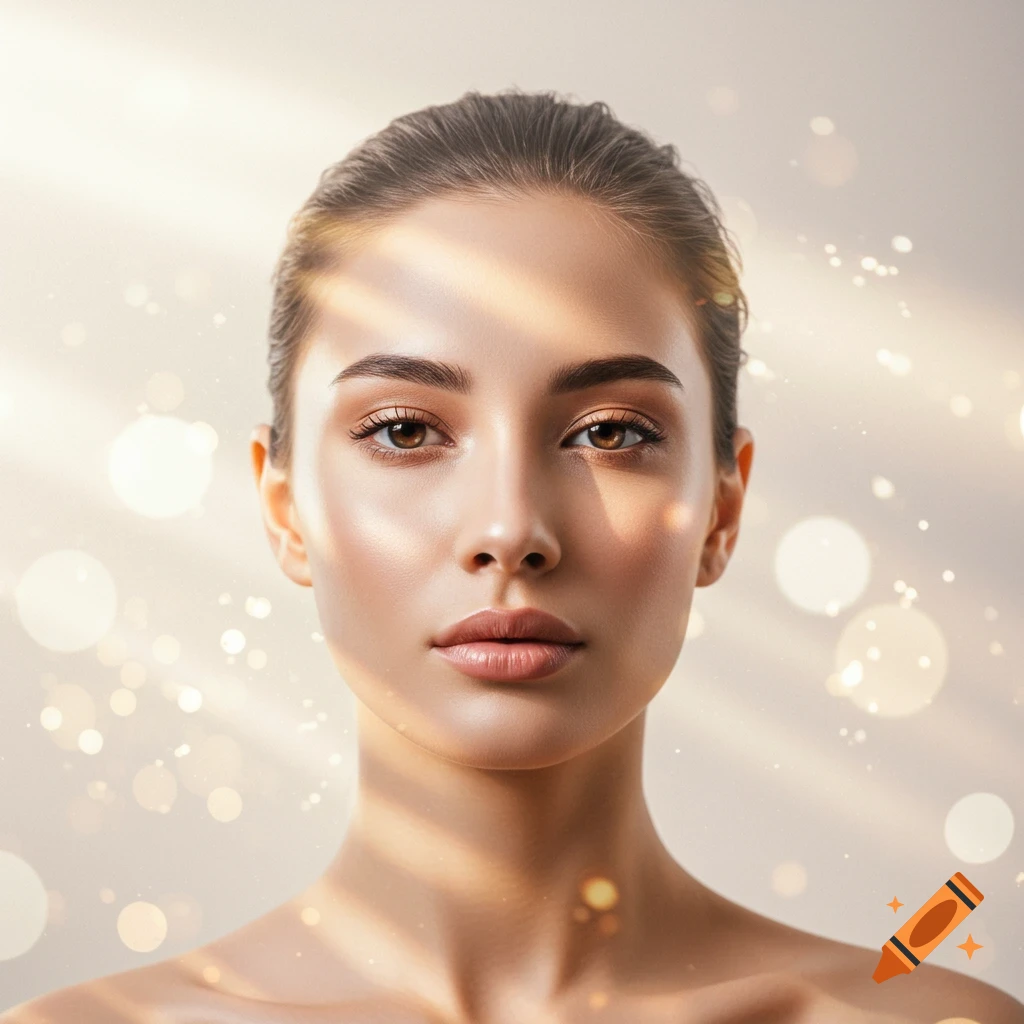 A photorealistic portrait of a woman with radiant skin, looking directly at the viewer amidst glowing light rays and bokeh.