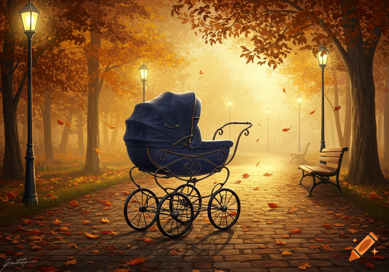 A dark blue baby carriage on a brick path in an autumn park with golden trees, fallen leaves, and glowing lampposts.