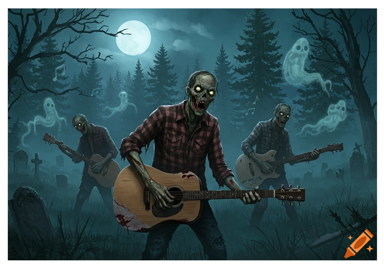 Three stylized zombie musicians with glowing eyes play guitars in a moonlit, misty forest with ghosts and gravestones.