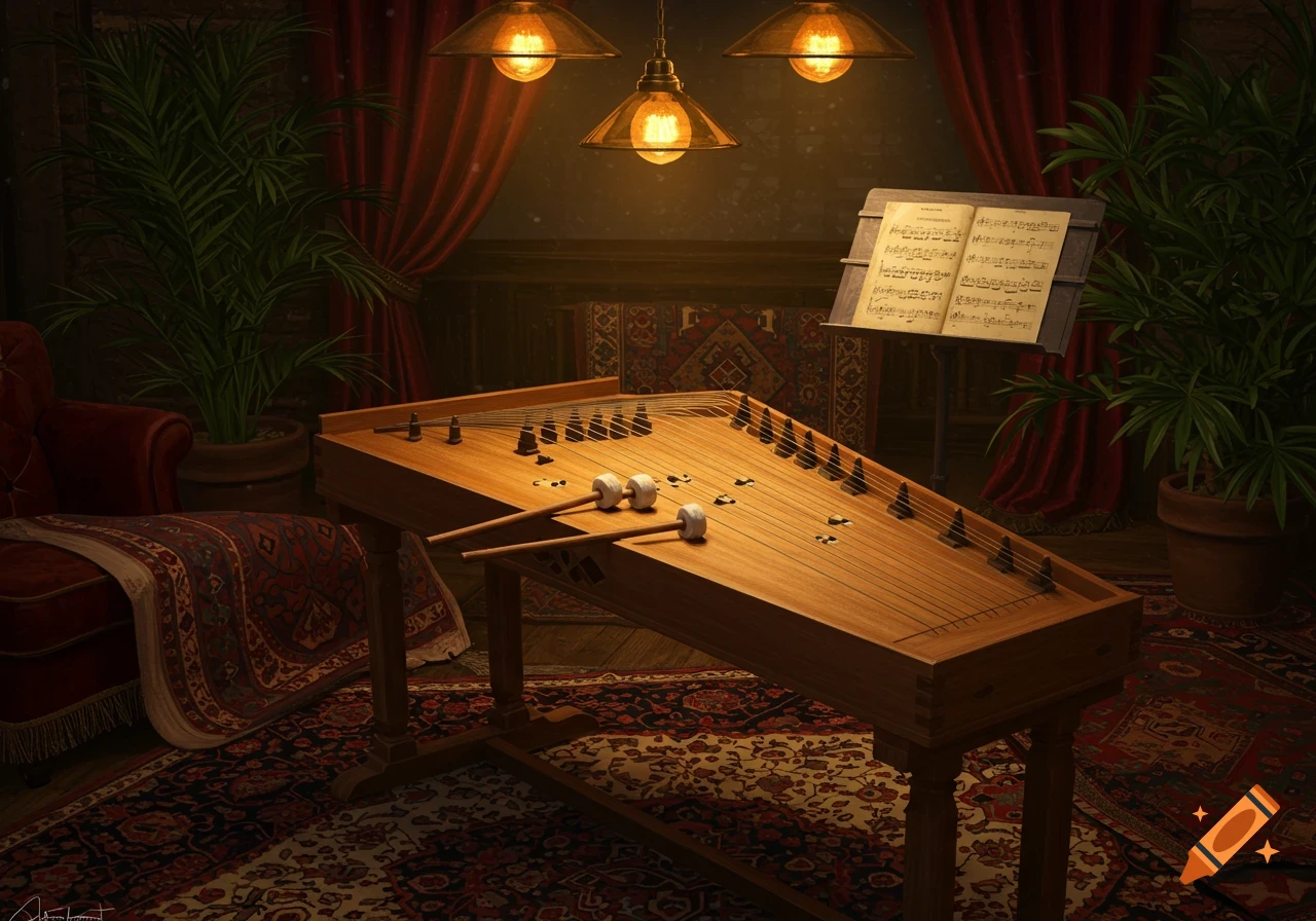 A hackbrett, or hammered dulcimer, rests in a dimly lit, richly decorated room with ornate rugs, red drapes, and plants, illuminated by three pendant lamps. Sheet music is on a stand in the background.
