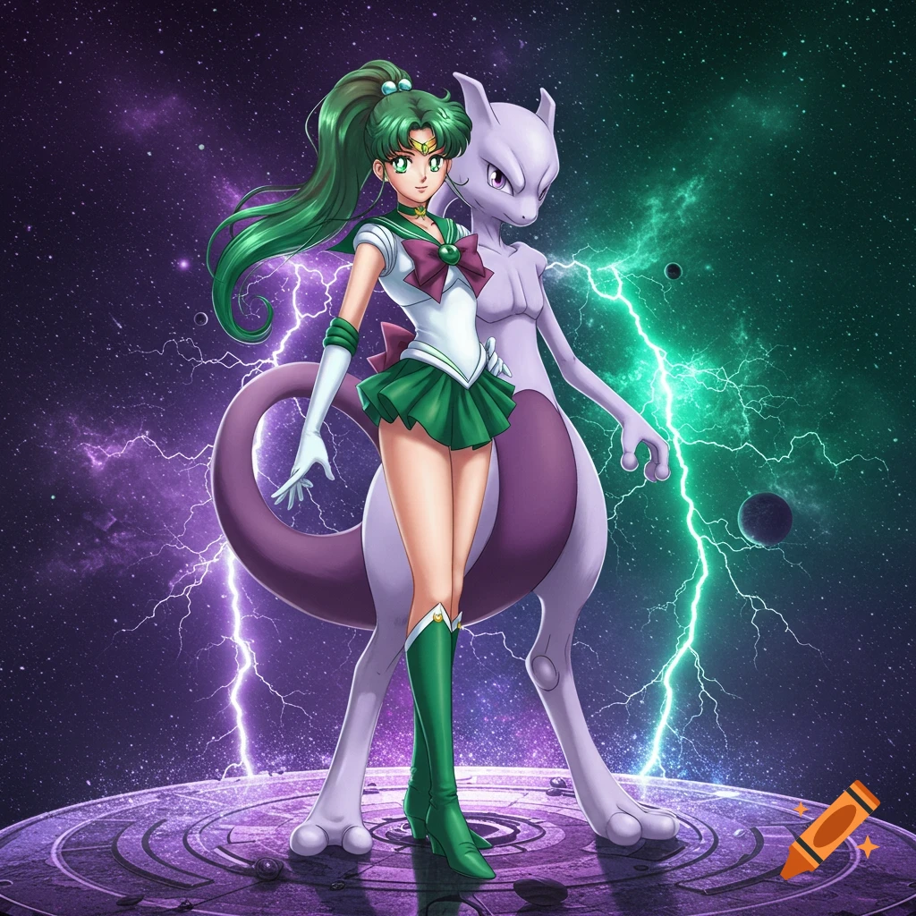 Sailor Jupiter and Mewtwo stand together on a glowing platform in a cosmic background with purple and green lightning.