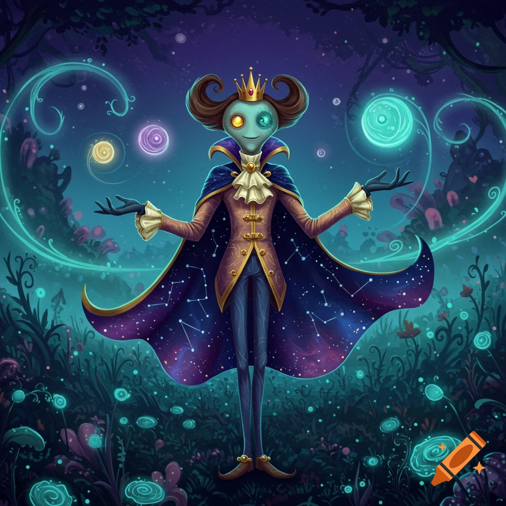A stylized illustration of a whimsical alien-like creature in a crown and a star-studded cape, standing in a magical glowing forest.