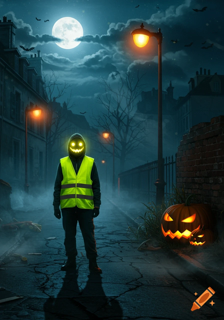A mysterious figure with a glowing jack-o'-lantern head and a yellow safety vest stands on a foggy street with carved pumpkins and bats under a full moon.
