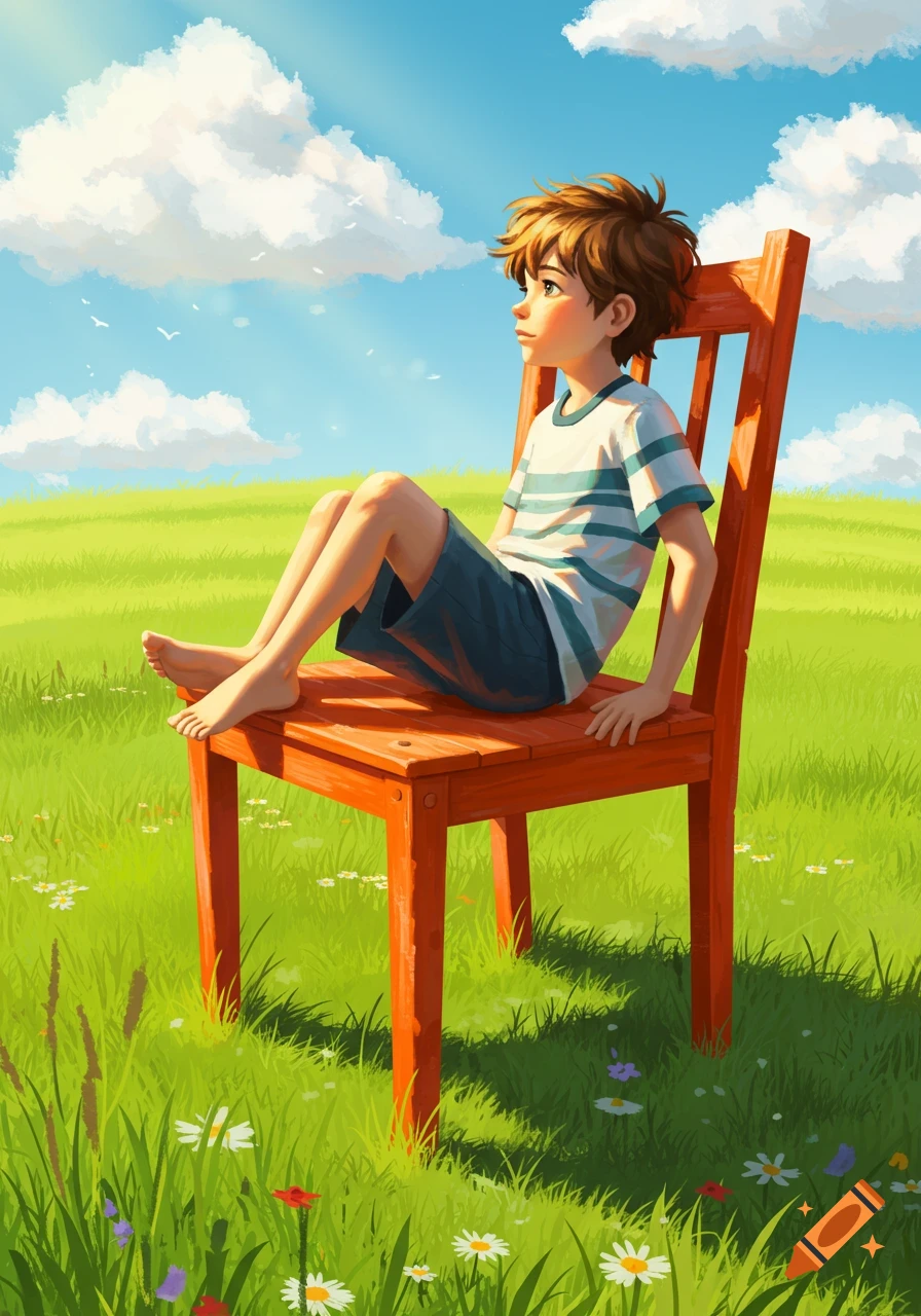An anime-style illustration of a boy sitting on an orange wooden chair in a sunny green field under a blue sky with clouds.