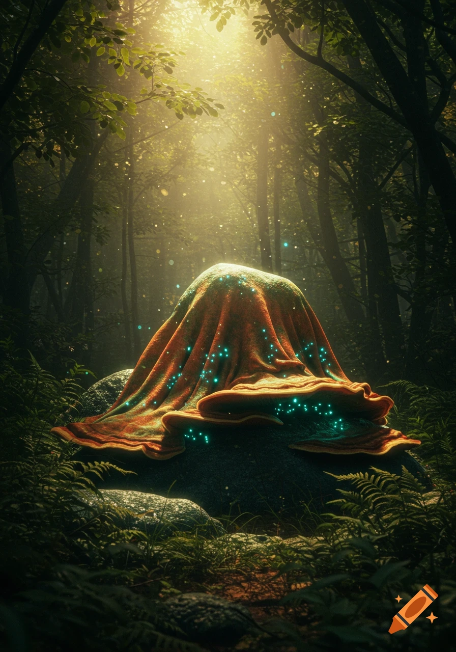 A large, orange and green draped object with glowing blue lights sits on a rock in a sun-dappled fantasy forest.
