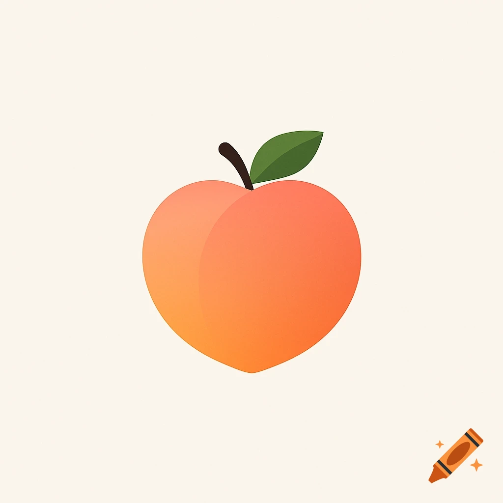 A minimalist heart-shaped peach logo with a brown stem and a green leaf on a light background.
