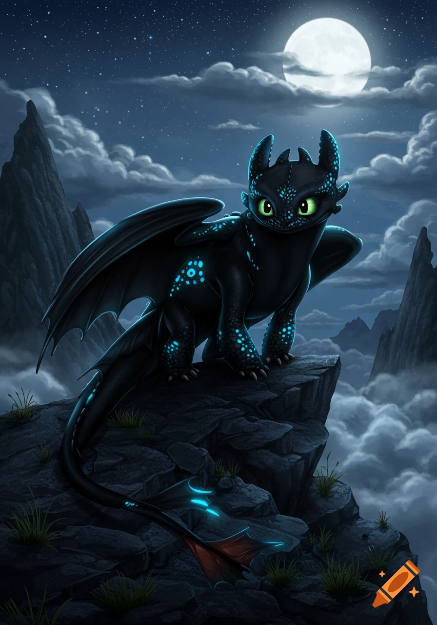 A black dragon with glowing teal spots and green eyes sits on a rocky cliff under a full moon and starry sky.