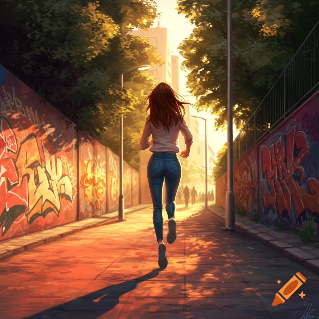 Digital art of a woman with red hair running down an urban street with graffiti walls at sunset.