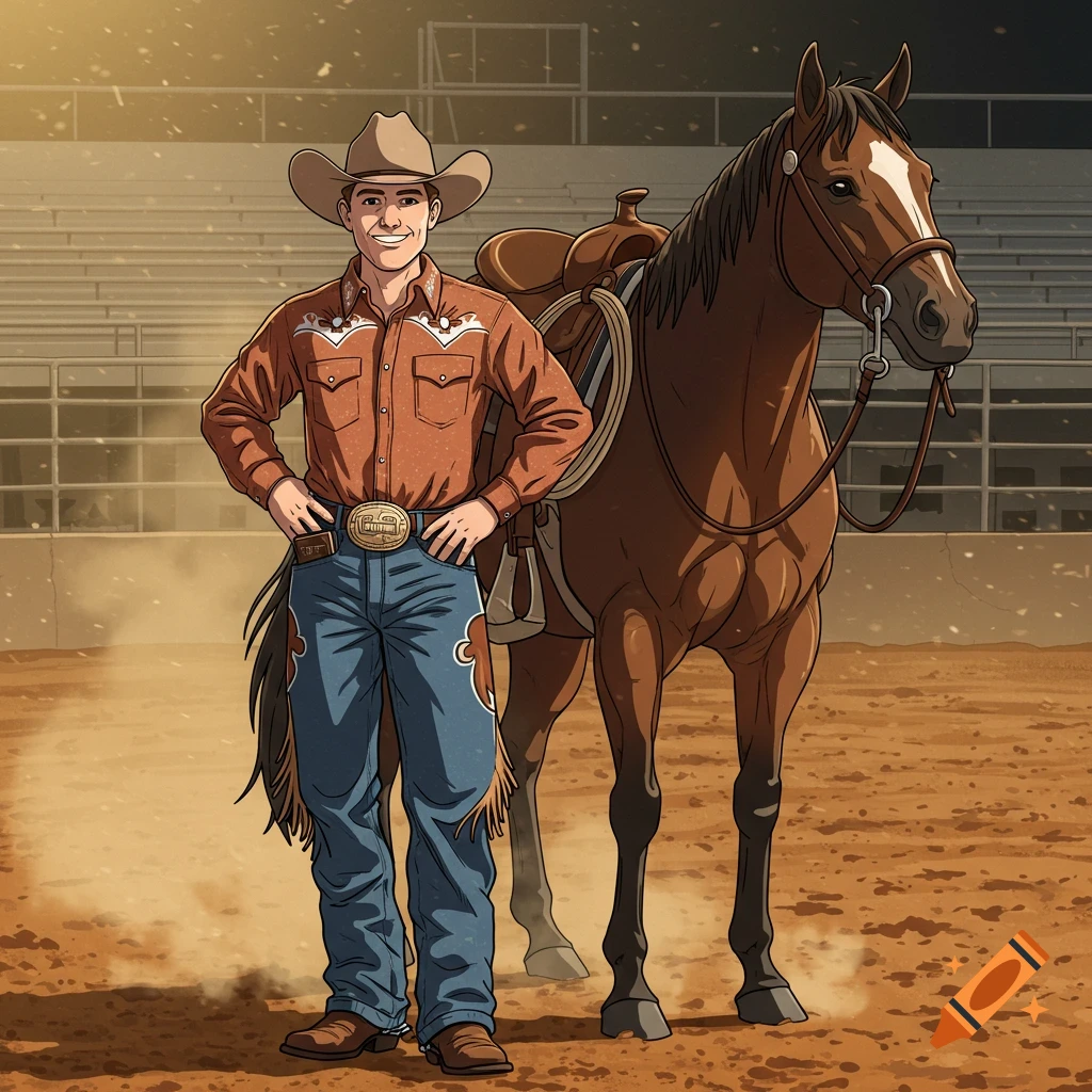 A smiling cartoon cowboy in a hat and jeans stands with hands on hips next to a saddled horse in a dusty rodeo arena.