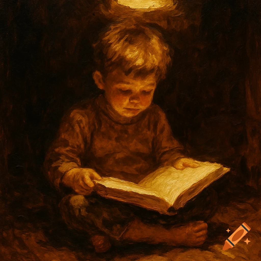 Oil painting of a child reading a book in a dark room, illuminated by a warm light from above, in an impasto style.