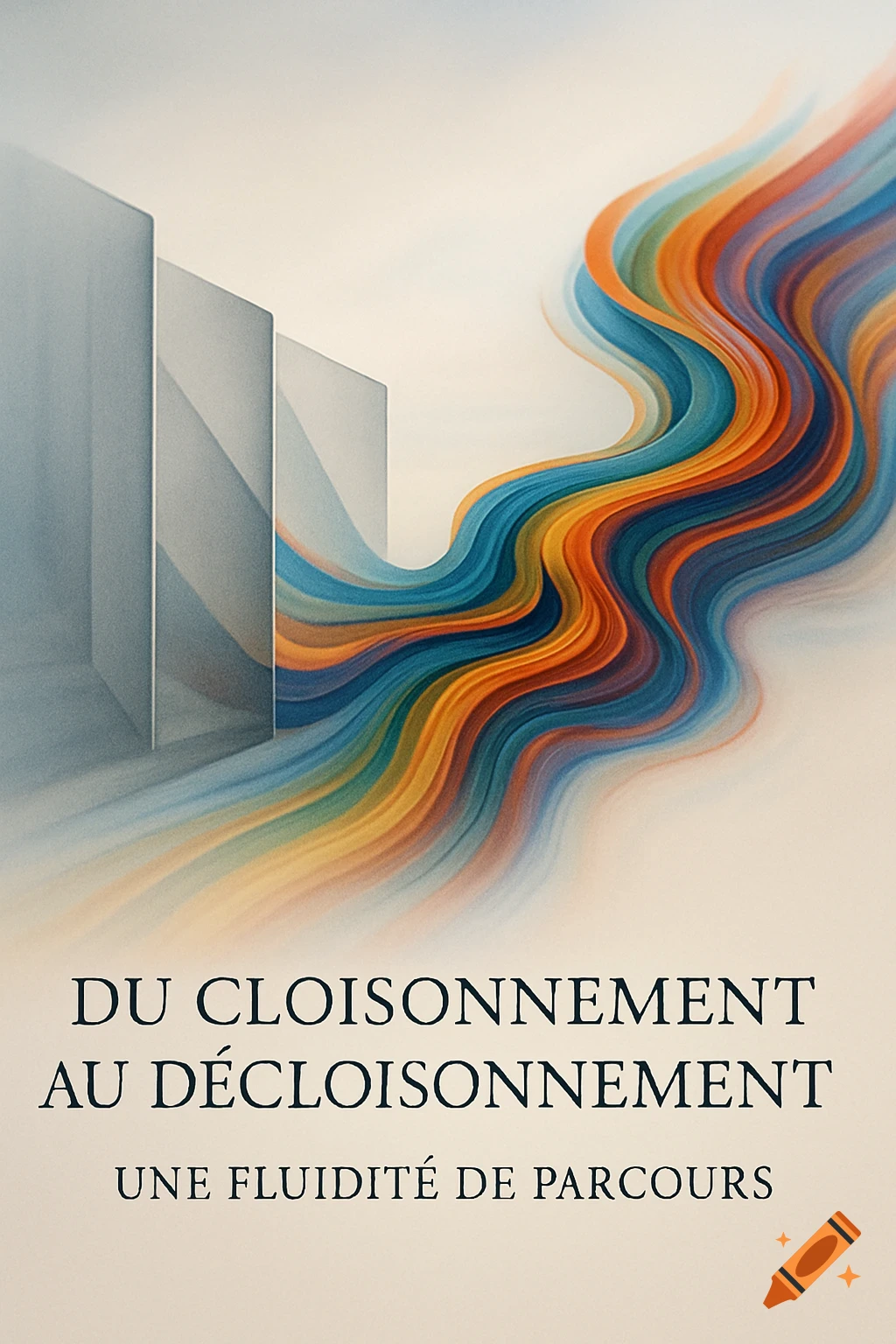 Abstract design with grey panels, vibrant flowing ribbons of blue, orange, yellow, and green, and French text.