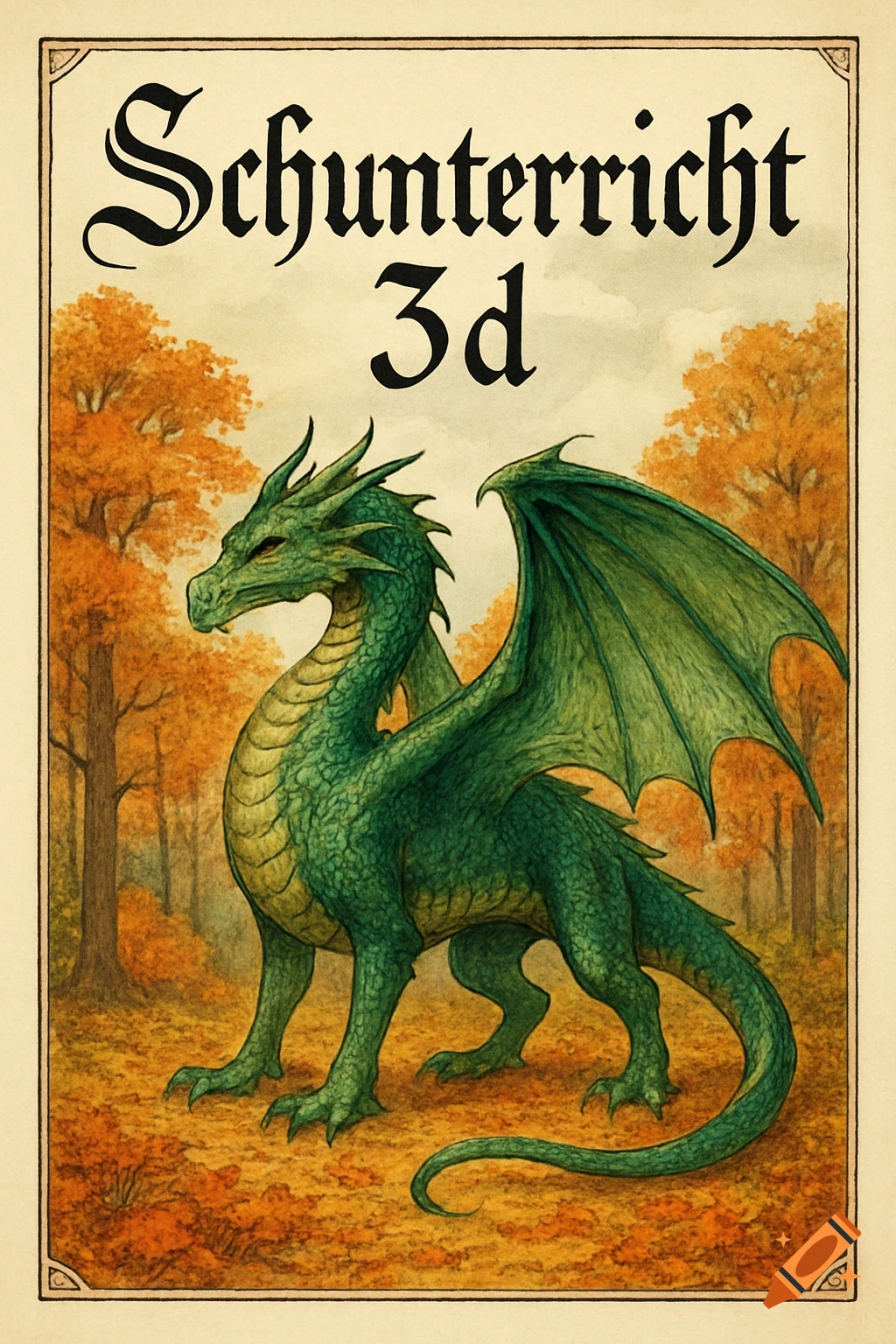 A green dragon with large wings stands in an autumn forest with orange trees, under the title 'Schunterricht 3d' in an illustrative style.