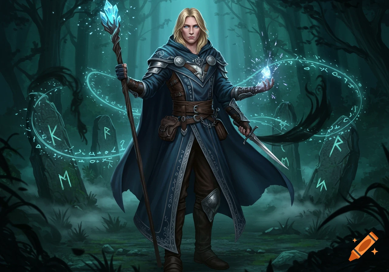 A blonde male wizard with a glowing staff and magical orb stands in a mystical forest with glowing runes.