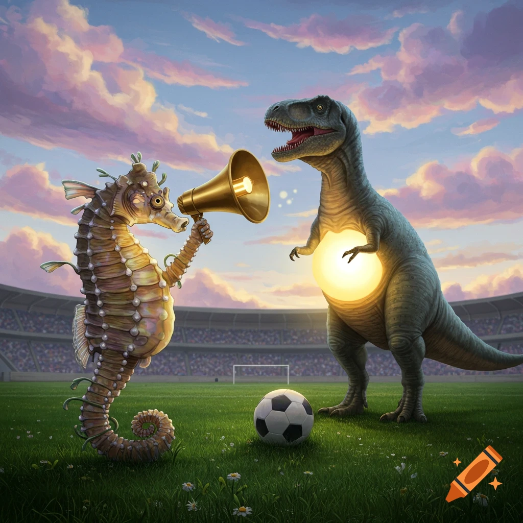 A whimsical illustration shows a seahorse holding a megaphone on a soccer field next to a dinosaur with a glowing belly, under a colorful sky.